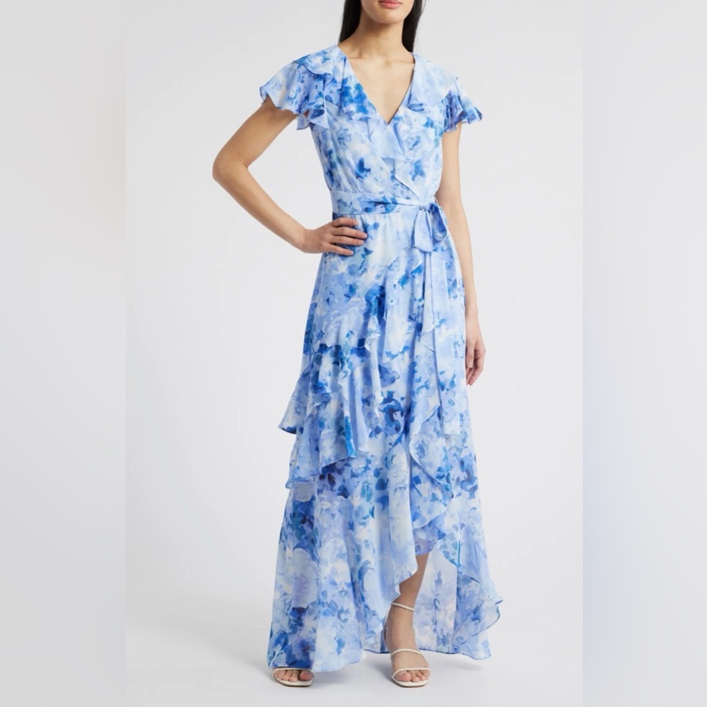Eliza J Asymmetrical Blue Floral Ruffle Cap Sleeve Surplice V Neck Maxi Dress - Picture 1 of 11